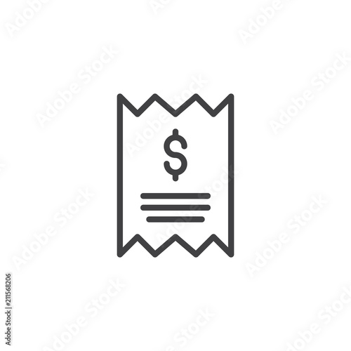 Dollar Bill outline icon. linear style sign for mobile concept and web design. Checkout receipt simple line vector icon. Invoice symbol, logo illustration. Pixel perfect vector graphics