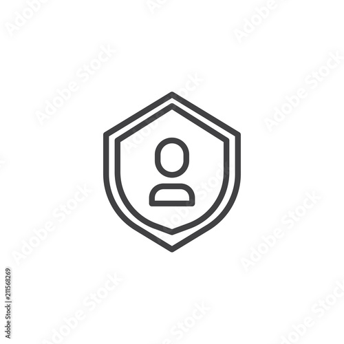 User Protection Shield outline icon. linear style sign for mobile concept and web design. shield with person silhouette simple line vector icon. Symbol logo illustration. Pixel perfect vector graphics