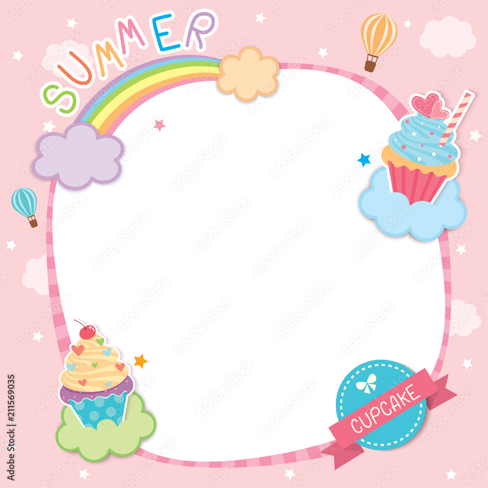 Illustration vector of summer background decorated with cupcakes in clouds on pink sky design for template Illustration vector of summer background decorated with cupcakes in clouds on pink sky design for template