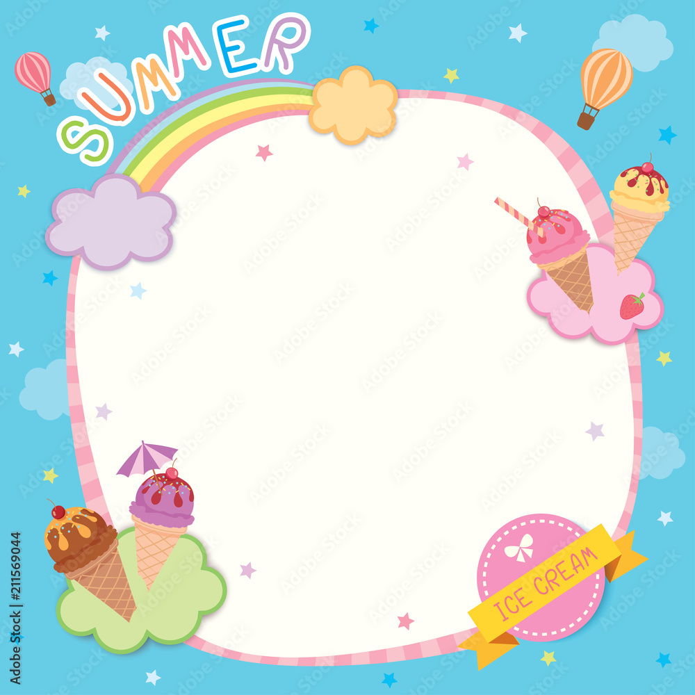 Illustration vector of summer background decorated with ice-cream cone in clouds on blue sky design for template Illustration vector of summer background decorated with ice-cream cone in clouds on blue sky design for template