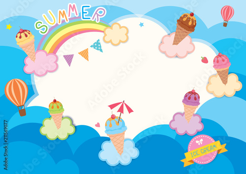 Illustration vector of summer background design with ice-cream cone various flavors on clouds and rainbow in sky horizon