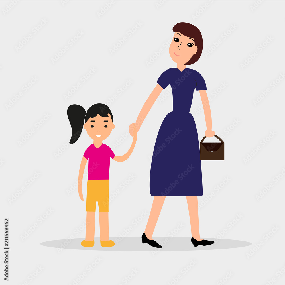 Mom holds her daughter's hand. Color icon on white background.
