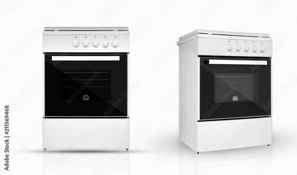 modern household kitchen oven in two review provisions on a white background. kitchen appliances. Isolated modern household kitchen oven in two review provisions on a white background. kitchen appliances. Isolated