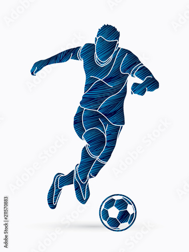 Soccer player running and kicking a ball action graphic vector