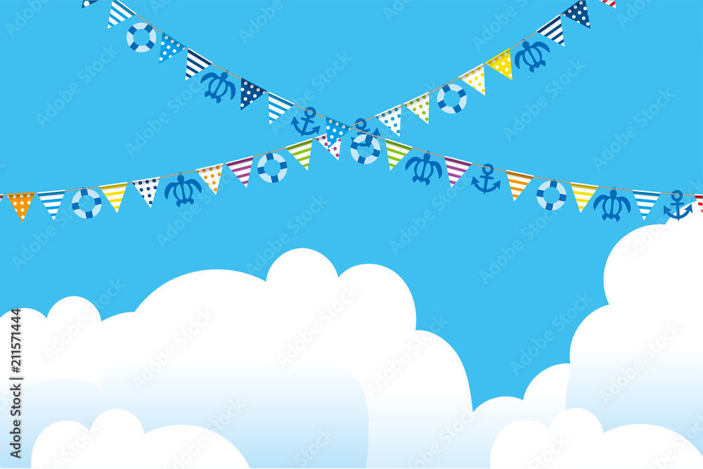 イラスト素材 青空背景 夏のイメージの三角旗 パーティーフラッグ 夏のアイコン 亀 錨 浮き輪 横位置 Stock Vektorgrafik Adobe Stock