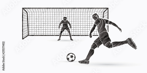 Soccer player kicking ball with Goalkeeper standing action graphic vector.