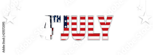 Website header or banner design with stylish 4th of July text in american flag color and white hanging stars.