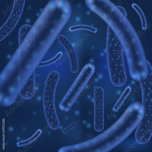Vector Micro bacterium or virus organisms. Microscopic lactobacillus or acidophilus organism abstract background with bokeh blur defocused elements.