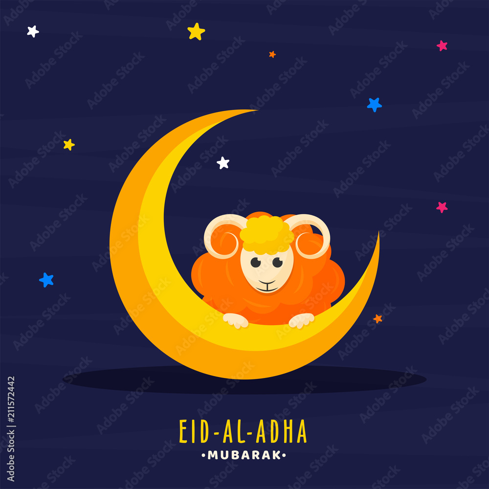Fototapeta premium Golden crescent moon and sheep on colorful stars decorated blue background for Muslim community festival of sacrifice, Eid-Al-Adha mubarak celebrations.