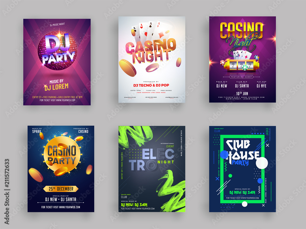 Casino, DJ and Musical Party flyer or template collection in six different styles. - obrazy, fototapety, plakaty 