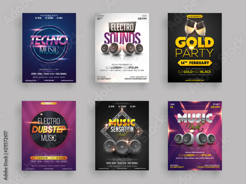 Musical party flyer or template collection in six different styles.