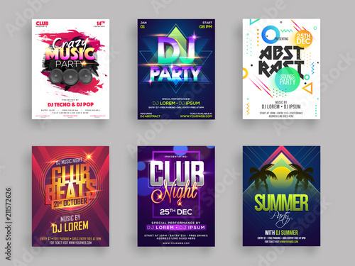 Musical or summer party flyer or poster design set in six different styles.