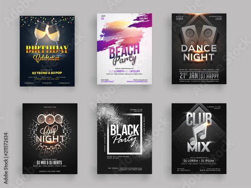 Six different styles for set of Musical party flyer or template design with abstract elements.
