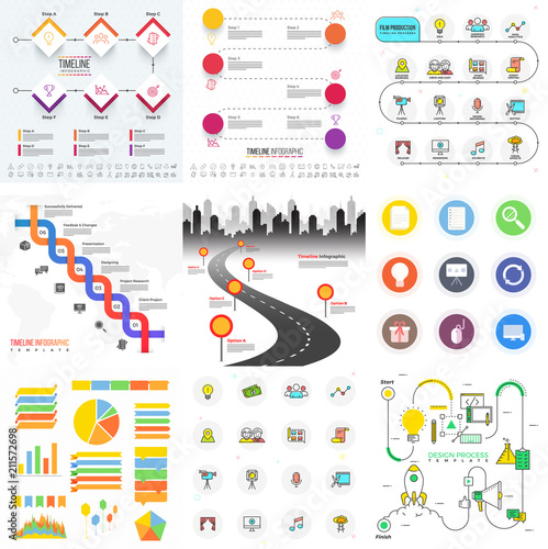 Big set of various colorful Infographic elements such as Road Map and Startup.