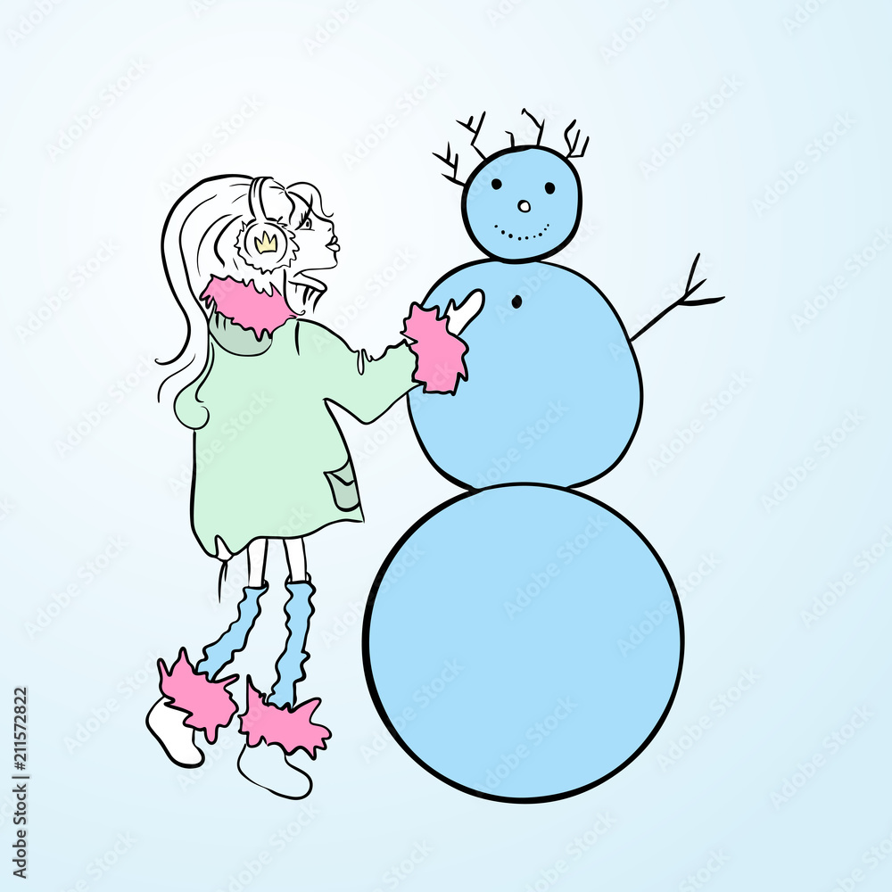 Cute girl sculpts a snowman. Winter games. Vector simple illustration.