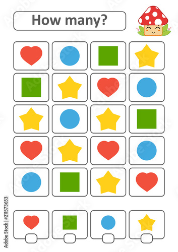Game for preschool children. Count as many fruits in the picture and write down the result. Heart  circle  square  star. With a place for answers. Simple flat isolated vector illustration.