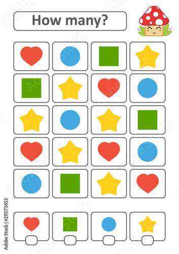 Game for preschool children. Count as many fruits in the picture and write down the result. Heart, circle, square, star. With a place for answers. Simple flat isolated vector illustration.