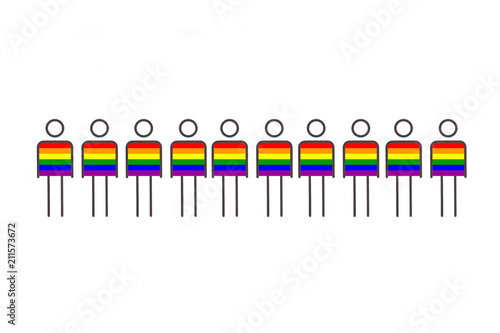 Conceptual illustration. Many men are painted in the color of the LGBT flag together. The concept of human rights and freedoms