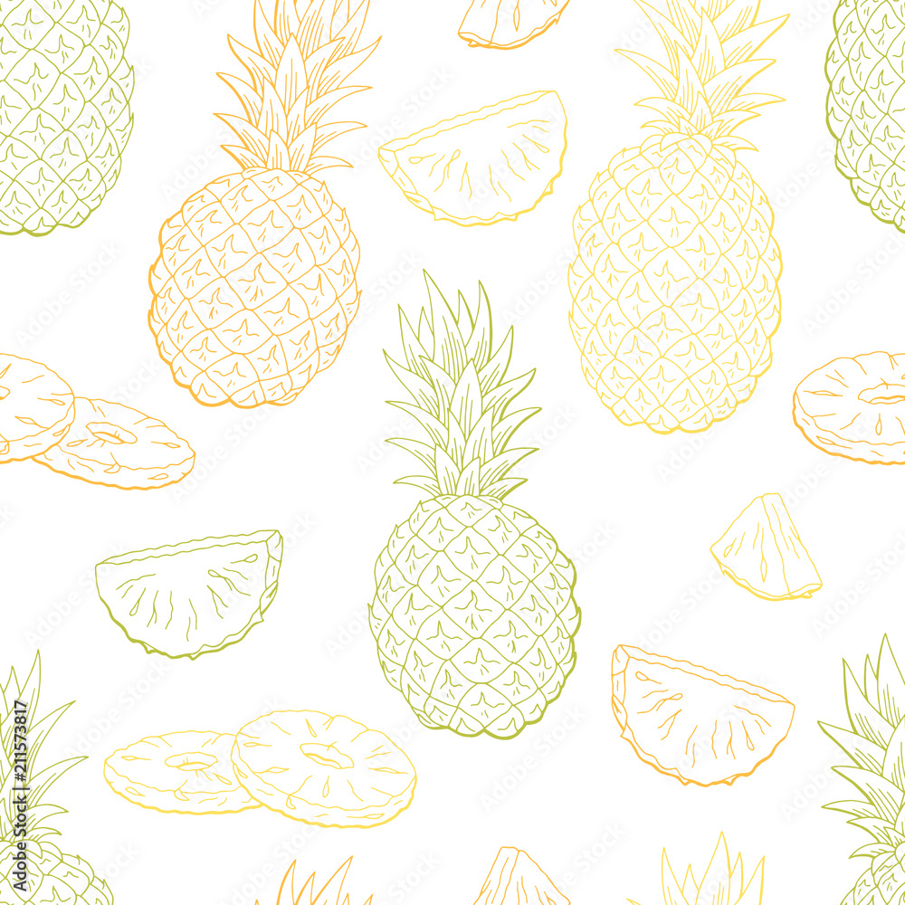 Naklejka Ananasowego owocowego graficznego koloru tła nakreślenia ilustraci bezszwowy deseniowy wektor
