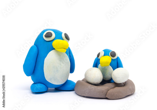 Play dough Penguin father and son on white background