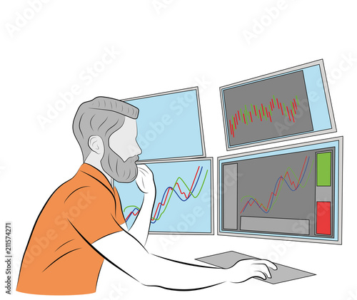 the man is sitting at the computer. many monitors. keeps track of the exchange. vector illustration.
