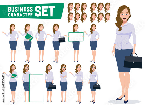 Business woman character vector set with professional young female office employee standing in different gestures and pose in white background. Vector illustration.
