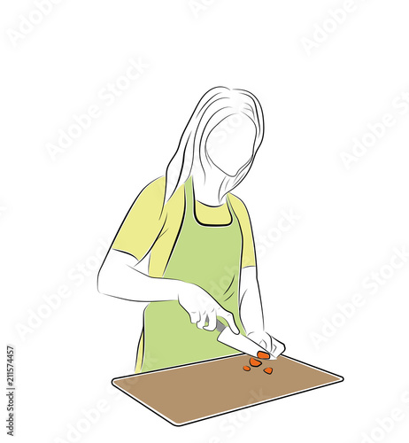A woman in the kitchen prepares food. vector illustration