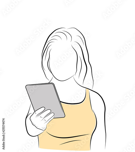 the girl is looking at the tablet. communication in social networks. vector illustration.