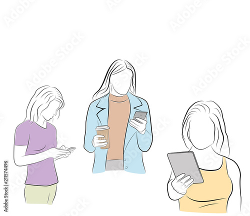 young people are looking into their gadgets. communication in social networks. vector illustration.