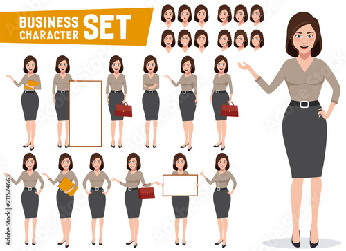 Business woman vector character set with professional young female office or sales employee in gestures and poses for presentations. Vector illustration.
