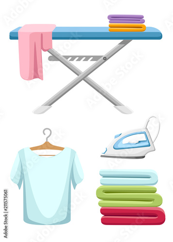 Laundry room icon collection. Blue ironing board, white iron, pile of towels and ironed t-shirt. Flat cartoon illustration isolated on white background