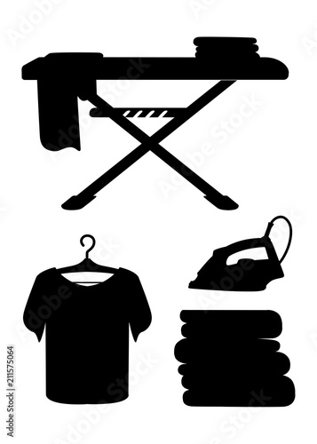 Black silhouette. Laundry room icon collection. Blue ironing board, white iron, pile of towels and ironed t-shirt. Flat cartoon illustration isolated on white background