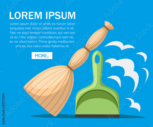Green plastic dustpan with yellow broom. Flat design style. Cleaning set objects. Vector illustration on blue background. Web site page and mobile app design