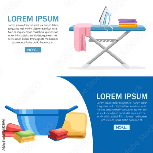 Laundry room concept. Blue ironing board, white iron, pile of towels and plastic basin with rags. Flat cartoon illustration on white background. Web site page and mobile app design