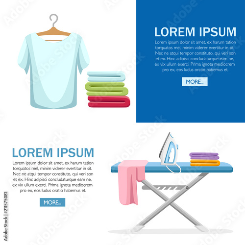 Laundry room concept. Blue ironing board, white iron, pile of towels and ironed t-shirt. Flat cartoon illustration on white background. Web site page and mobile app design