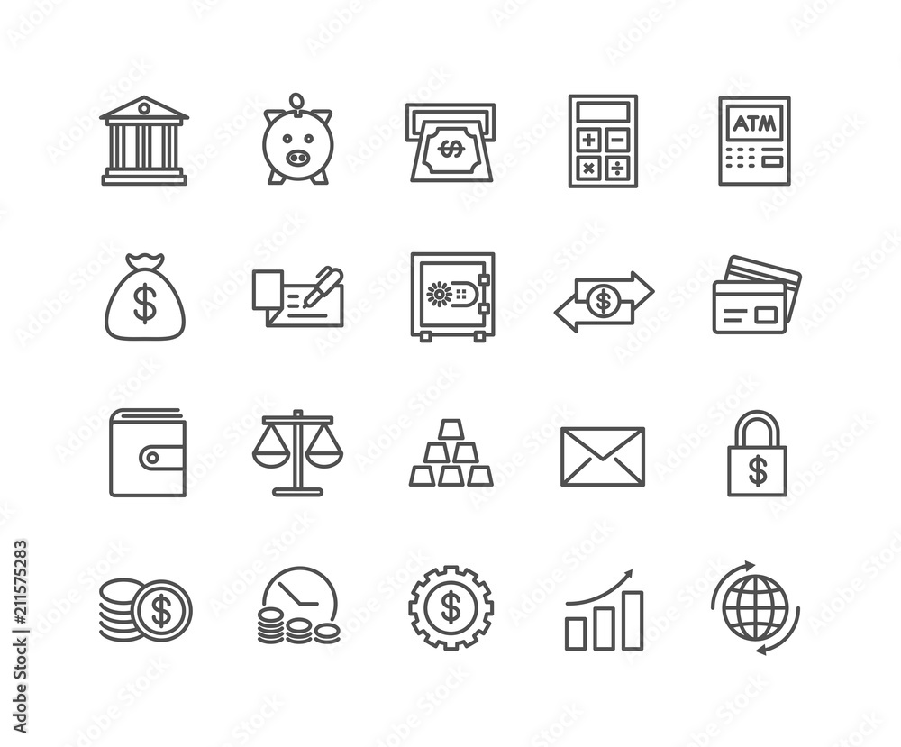 Simple Set of Money and Bank vector thin line icons, Editable Stroke linear symbols Simple Set of Money and Bank vector thin line icons, Editable Stroke linear symbols