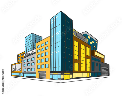 Draw building by hand on tablet. Day and night of downtown concept. Vector illustration.