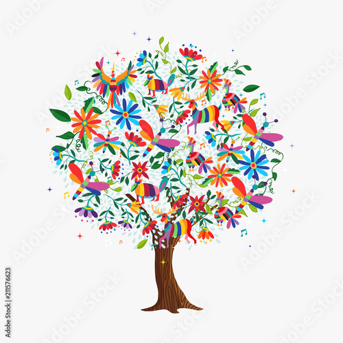 Spring tree concept with color animals and flowers photo