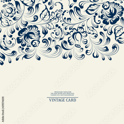 Khohloma style floral pattern. Invitation card template with khohloma design elements. Blue line design. Vector illustration.