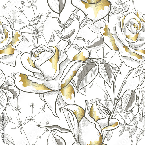 Tapety Bezszwowy wzór z złotą różą, liśćmi i pączkami na białym tle. Nowoczesny projekt abstrakcyjny dla papieru, tapet, okładek, tkanin i innych użytkowników. Ilustracji wektorowych.
