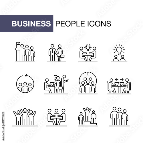 Teamwork business people icon set UI simple line flat illustration