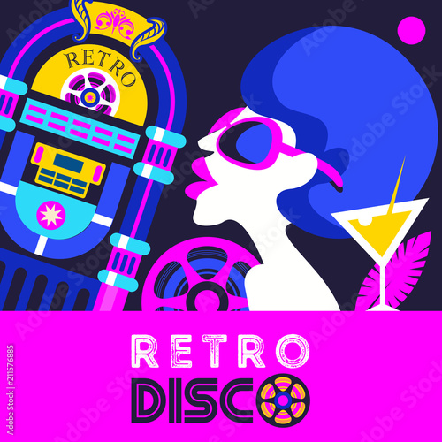 Retro disco party. Colorful vector illustration  poster.