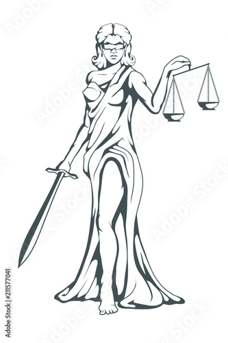 Themis - Ancient Greek goddess of justice. Hand drawn scales of justice. Symbols of the femida - justice, law, scales. Libra and a sword in hands, a bandage on eyes. Vector graphics to design