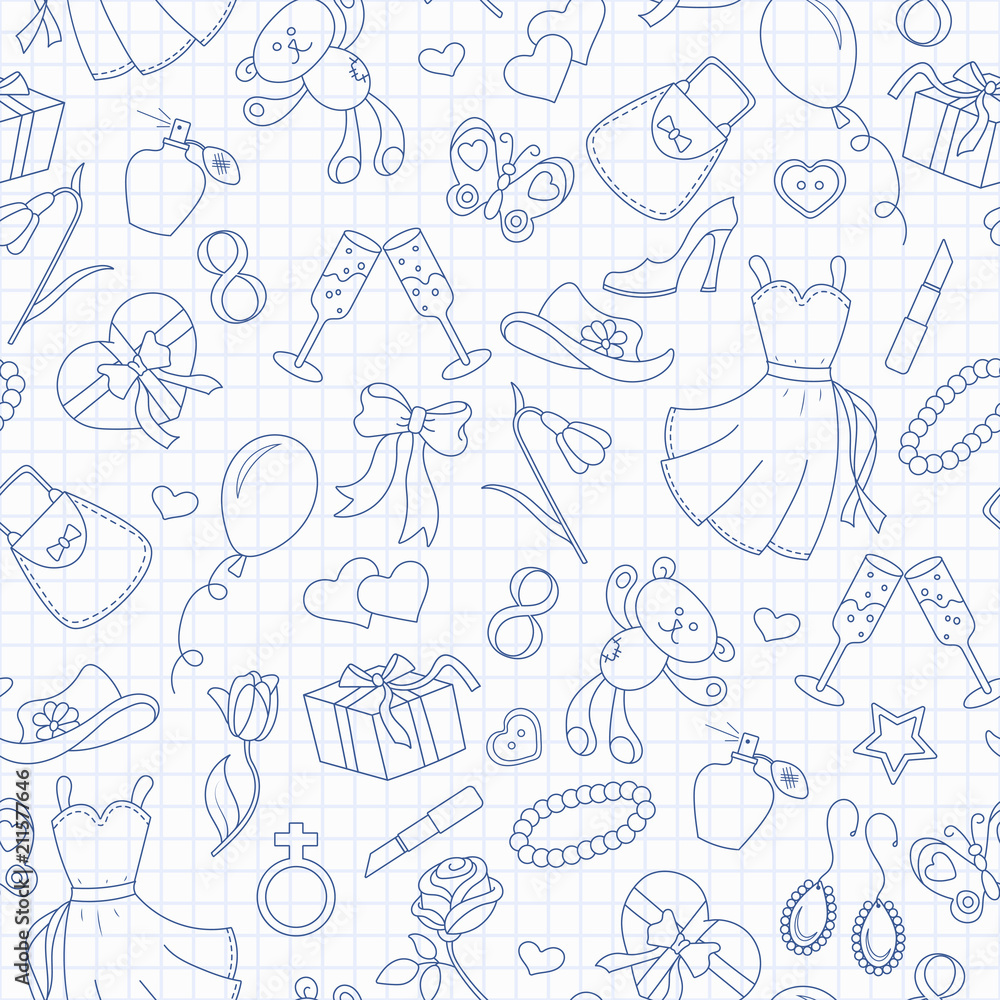 Fototapeta Seamless pattern on the theme of international women's day March 8, a simple outline icon on the topic of women, blue contour icons on the clean writing-book sheet in a cage