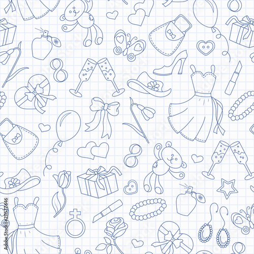 Seamless pattern on the theme of international women's day March 8, a simple outline icon on the topic of women, blue contour icons on the clean writing-book sheet in a cage