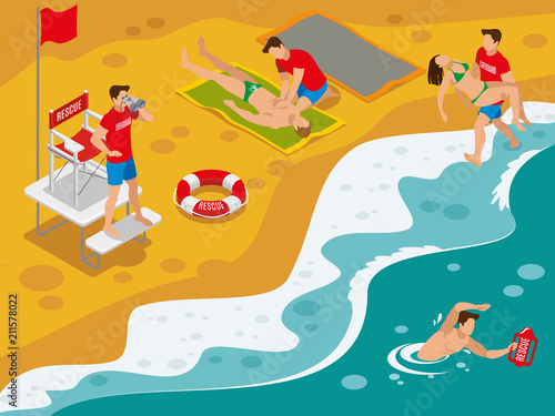 Beach Lifeguards Isometric Composition