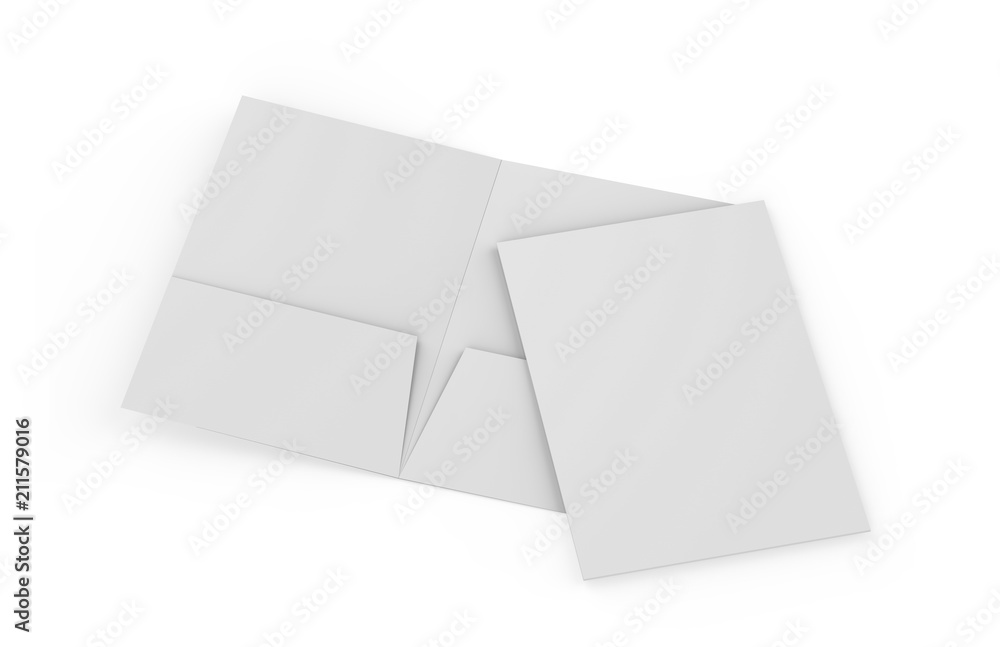 Blank white reinforced A4 single pocket folder on isolated white background, 3d illustration Blank white reinforced A4 single pocket folder on isolated white background, 3d illustration
