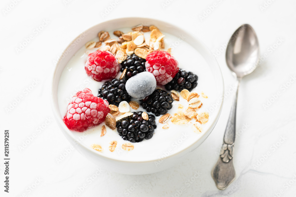 Yogurt with berries and oat flakes in a bowl. Closeup view. Healthy eating, healthy lifestyle concept Yogurt with berries and oat flakes in a bowl. Closeup view. Healthy eating, healthy lifestyle concept