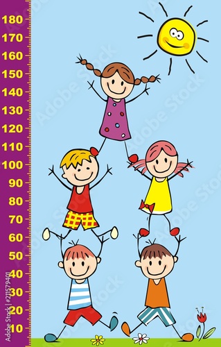 Happy kids and sun, height measure, vector illustration, eps	