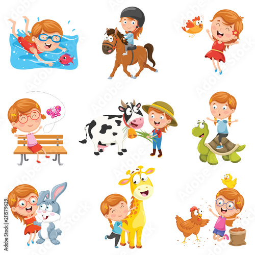 Vector Illustration Of Little Girl Playing With Animals